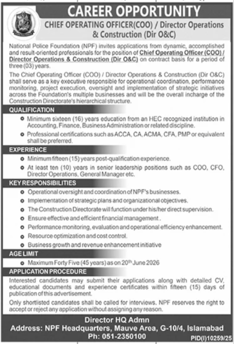 National Police Foundation NPF Chief Operating Officer Director Operations & Construction Contract Jobs Islamabad - Islamabad