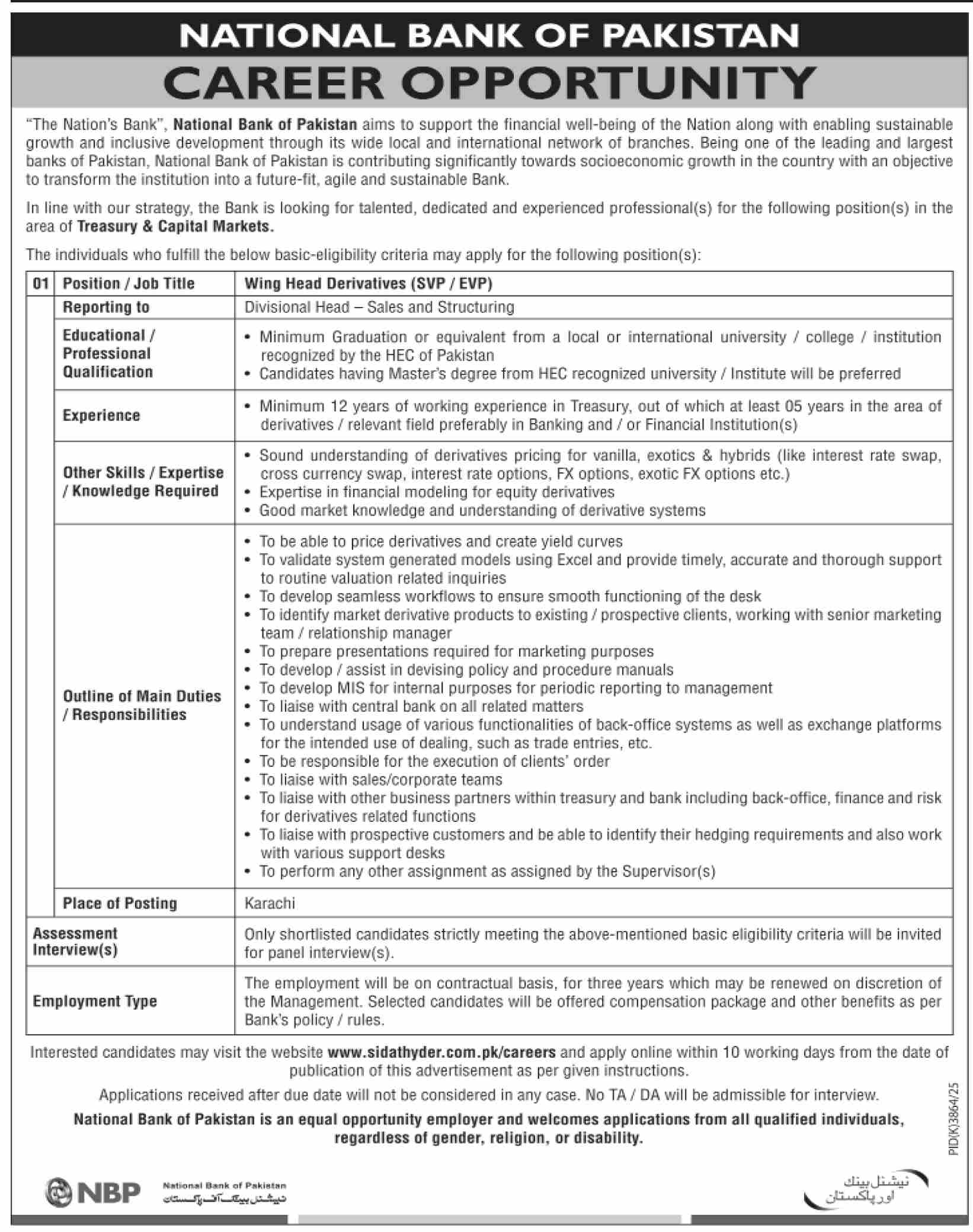 Wing Head Derivatives SVP EVP Treasury and Capital Markets National Bank of Pakistan Karachi - Karachi