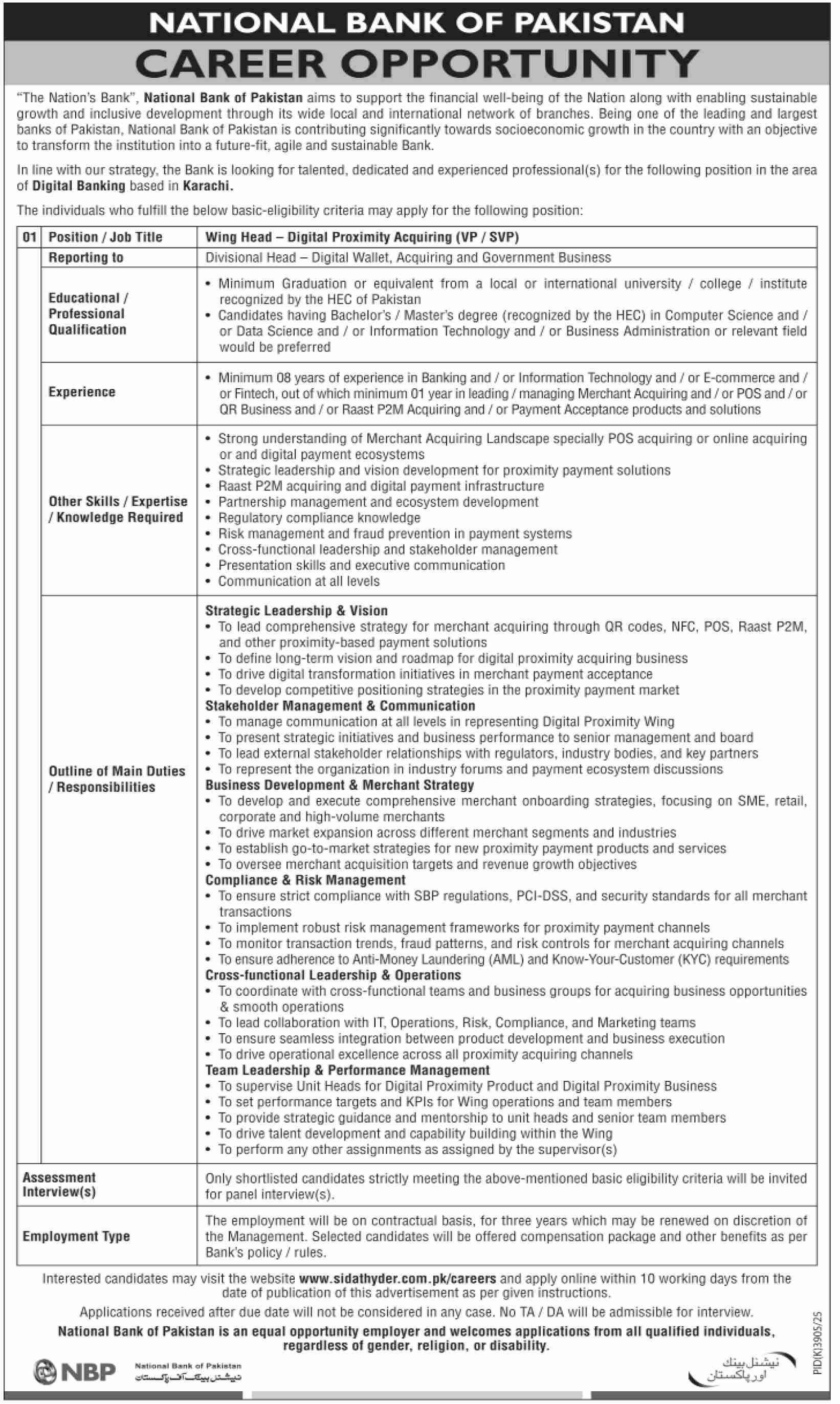 Wing Head Digital Proximity Acquiring VP SVP National Bank of Pakistan Karachi - Karachi