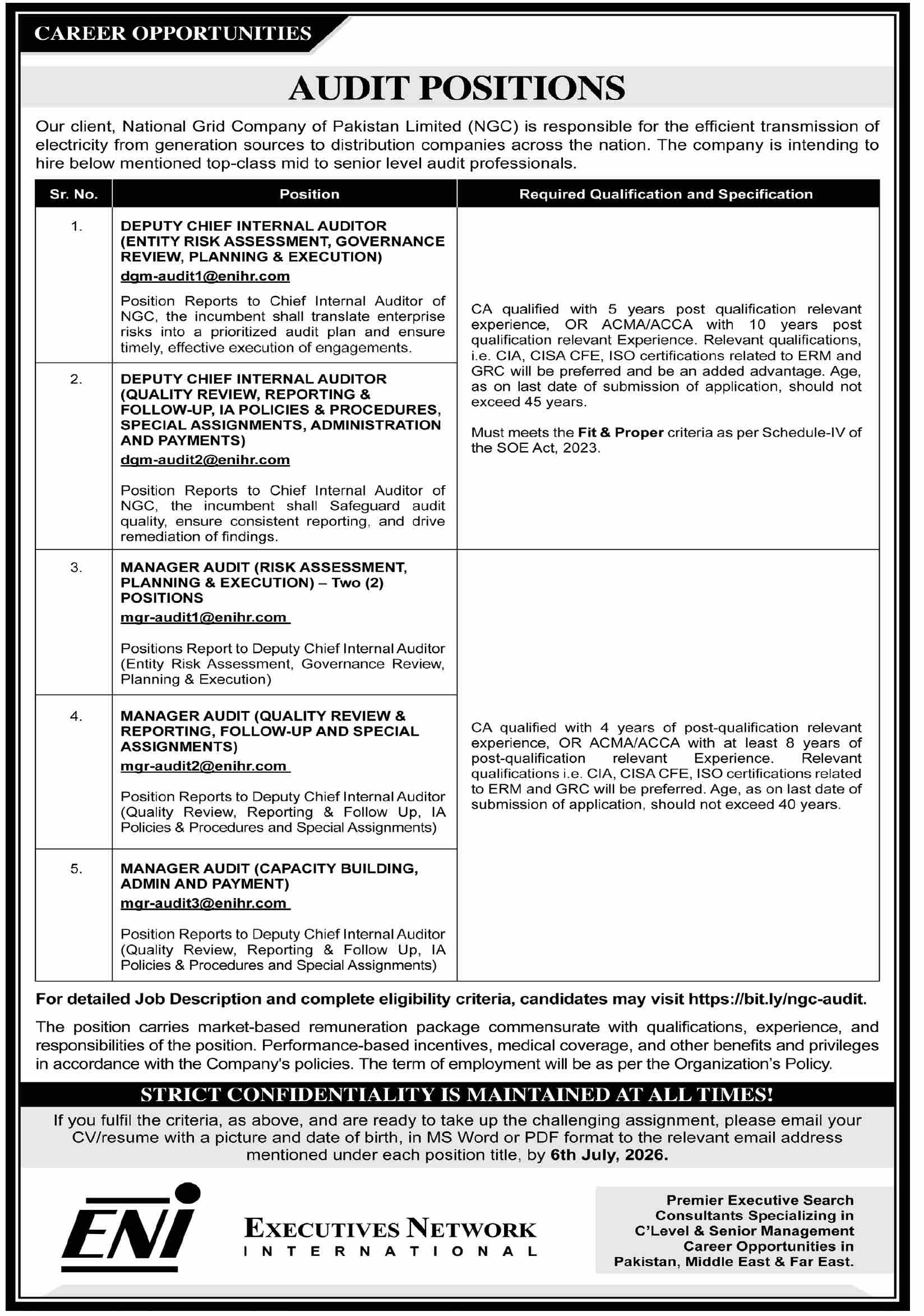 Deputy Chief Internal Auditor and Managers Audit Positions National Grid Company of Pakistan Limited Karachi - Karachi