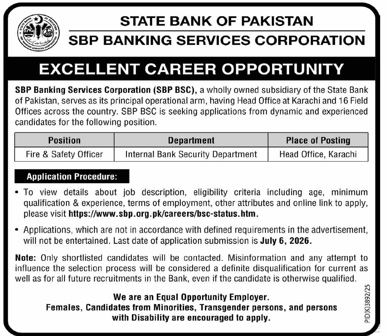 Fire and Safety Officer Internal Bank Security Department SBP Banking Services Corporation Karachi - Karachi