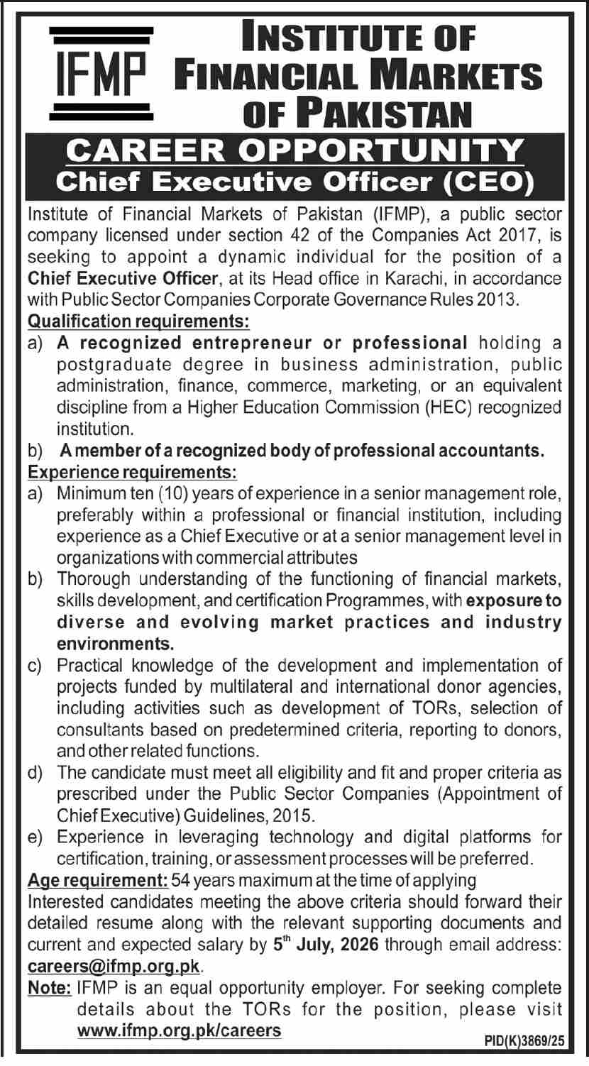 Chief Executive Officer CEO Institute of Financial Markets of Pakistan Karachi - Karachi