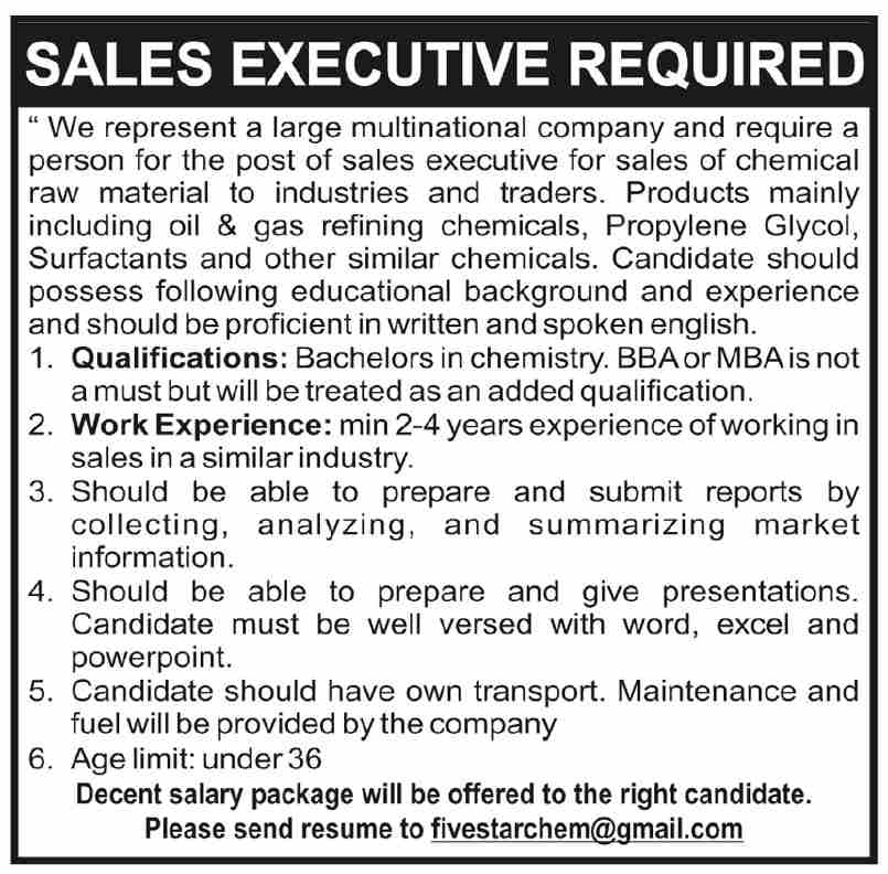 Sales Executive Chemical Raw Material Large Multinational Company Not Specified - Lahore