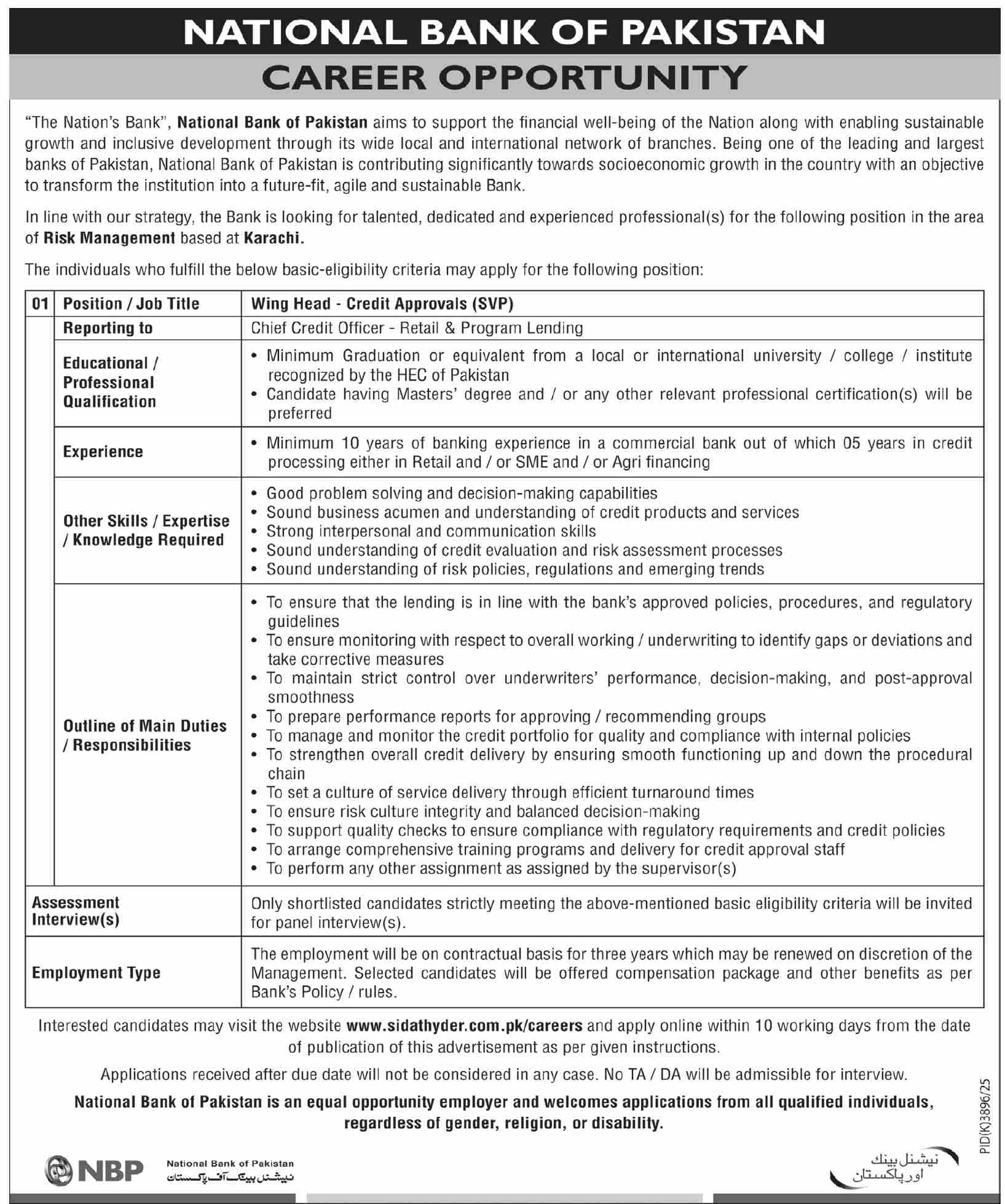 Wing Head Credit Approvals SVP Risk Management National Bank of Pakistan Karachi - Karachi