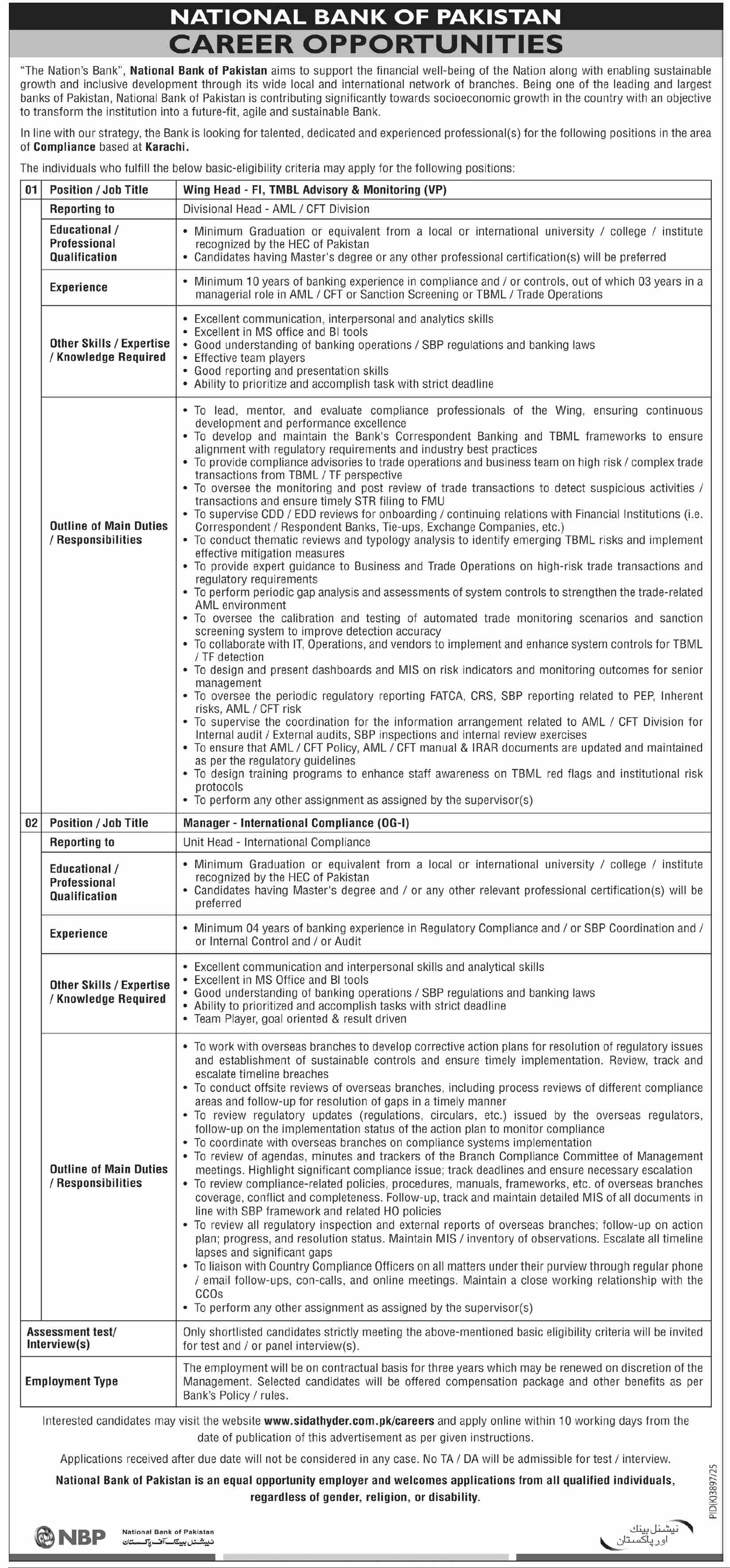 Wing Head and Manager International Compliance Compliance Division National Bank of Pakistan Karachi - Karachi