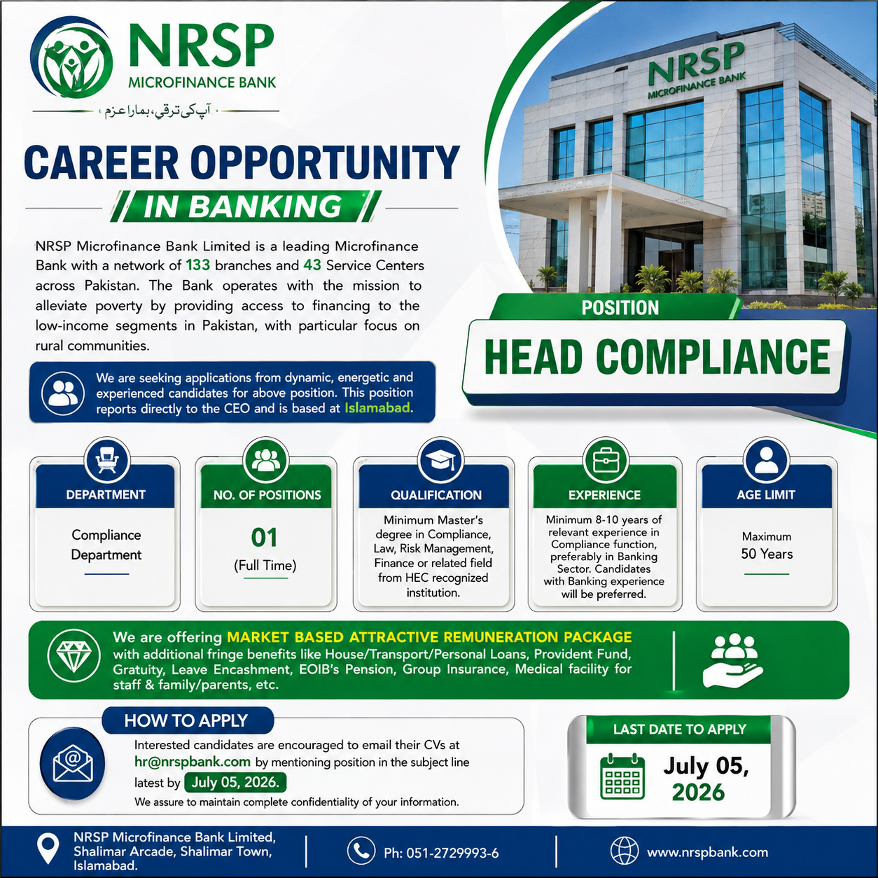 Head Compliance Compliance Department NRSP Microfinance Bank Limited Islamabad - Islamabad