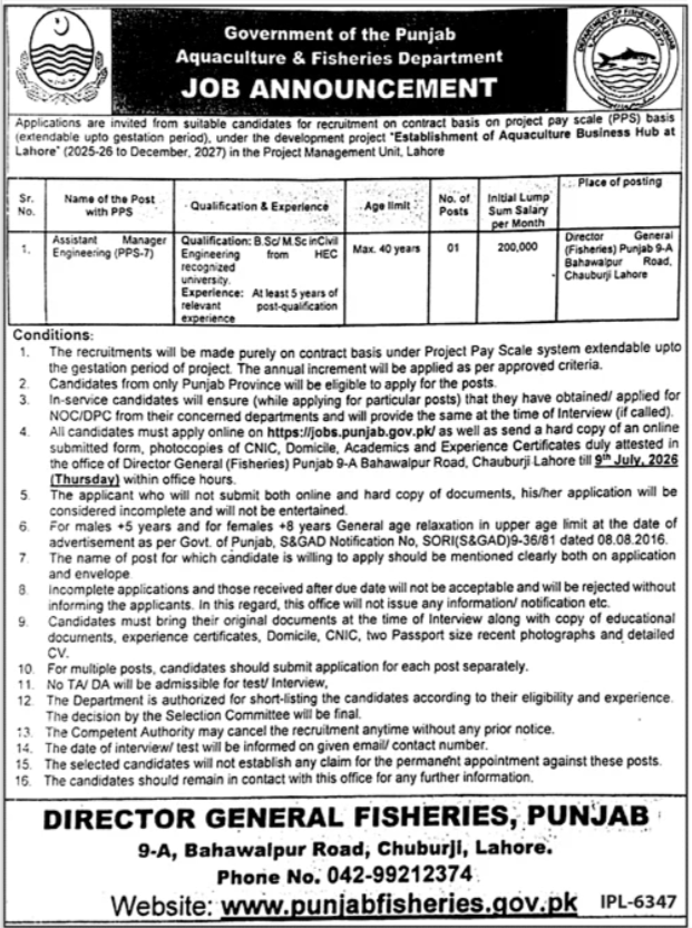 Assistant Manager Engineering PPS 7 Aquaculture and Fisheries Department Government of the Punjab Lahore - Lahore