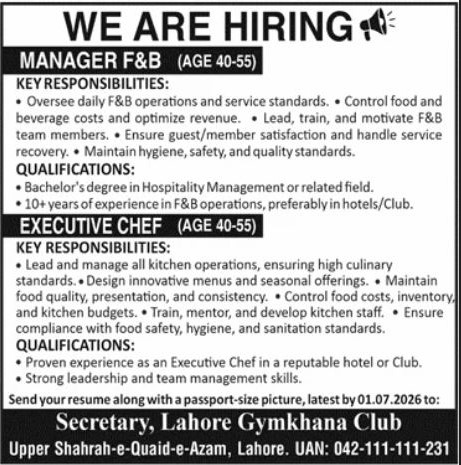 Manager Food and Beverage and Executive Chef Lahore Gymkhana Club Lahore - Lahore