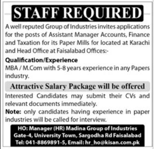 Assistant Manager Accounts Finance and Taxation Madina Group of Industries Faisalabad Karachi - Faisalabad