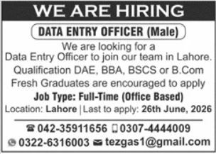 Data Entry Officer Male Tezgas Lahore - Lahore