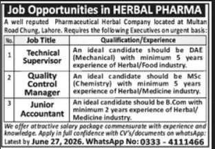 Technical Supervisor Quality Control Manager and Junior Accountant Herbal Pharma Lahore - Lahore