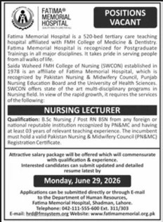 Nursing Lecturer Fatima Memorial Hospital Lahore - Lahore
