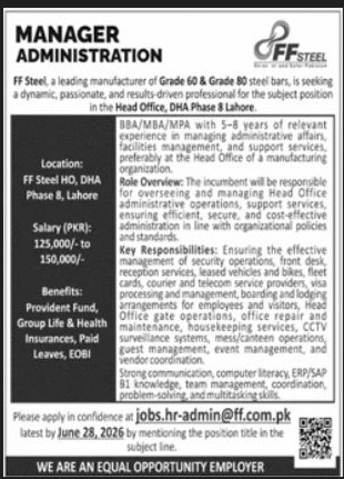 Manager Administration FF Steel Lahore - Lahore