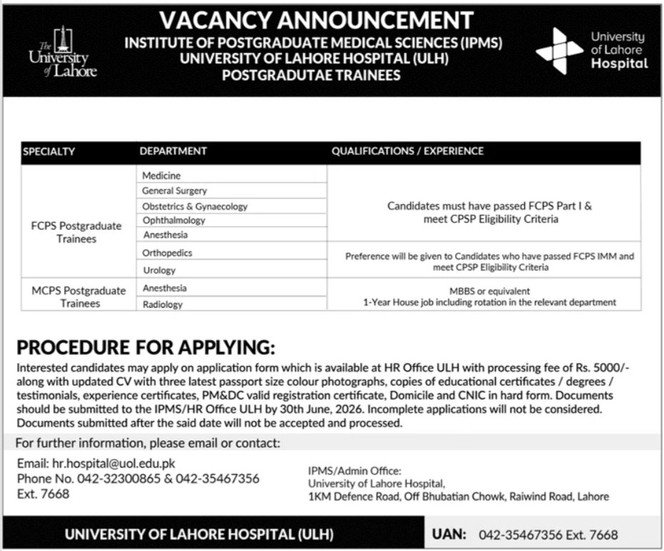 FCPS and MCPS Postgraduate Trainees University of Lahore Hospital Lahore - Lahore