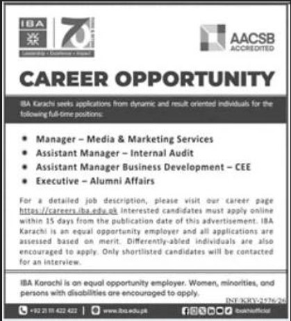 Manager Media and Marketing Assistant Manager Audit IBA Karachi - Karachi