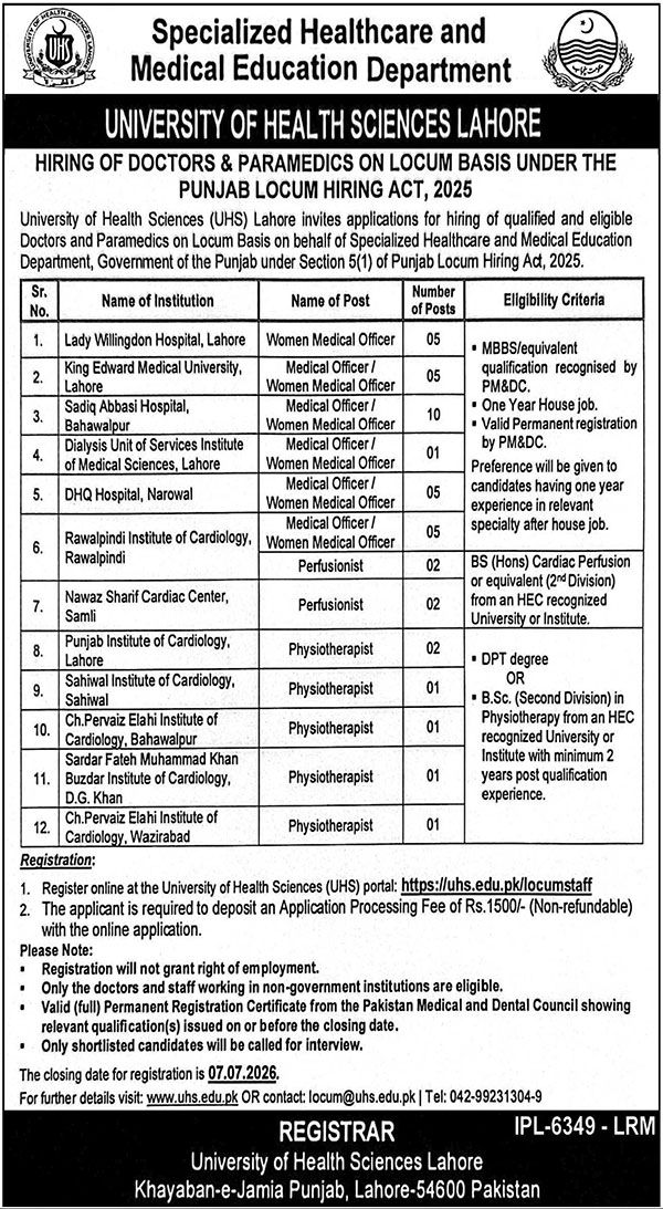 Medical Officers Perfusionists and Physiotherapists University of Health Sciences Lahore - Lahore
