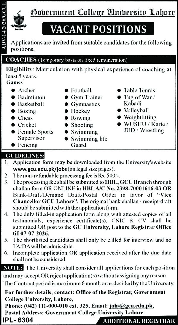 Sports Coaches and Female Sports Supervisor Government College University Lahore - Lahore