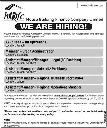 AVP Head HR Operations Manager Assistant Manager Legal Sales Business Coordinator House Building Finance Company Limited Karachi Islamabad Lahore - Karachi