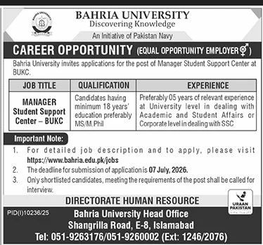 Manager Student Support Center BUKC Bahria University Head Office Islamabad - Islamabad