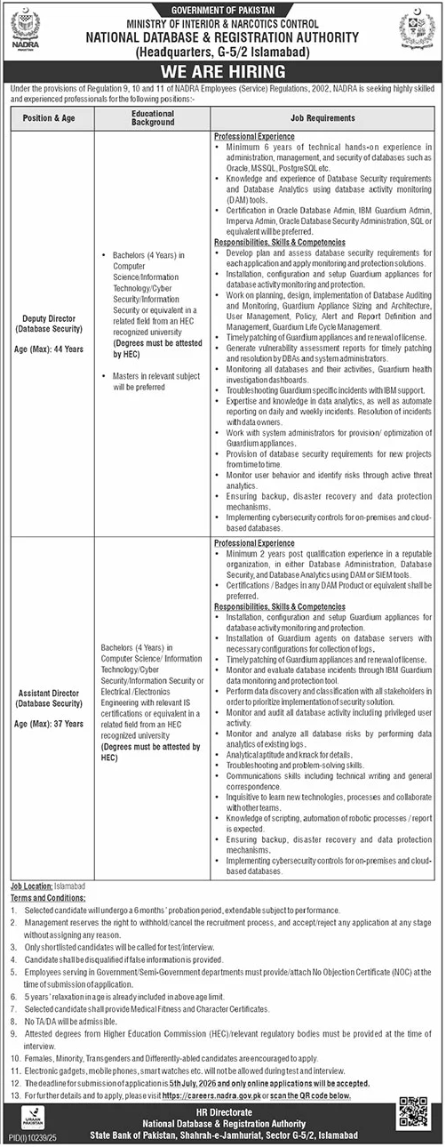 Deputy Director and Assistant Director Database Security National Database and Registration Authority NADRA Islamabad - Islamabad