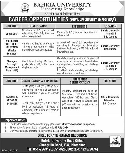 Developer Assistant Controller of Exams Manager Strategic Management Plan System Network Engineer Bahria University Islamabad - Islamabad