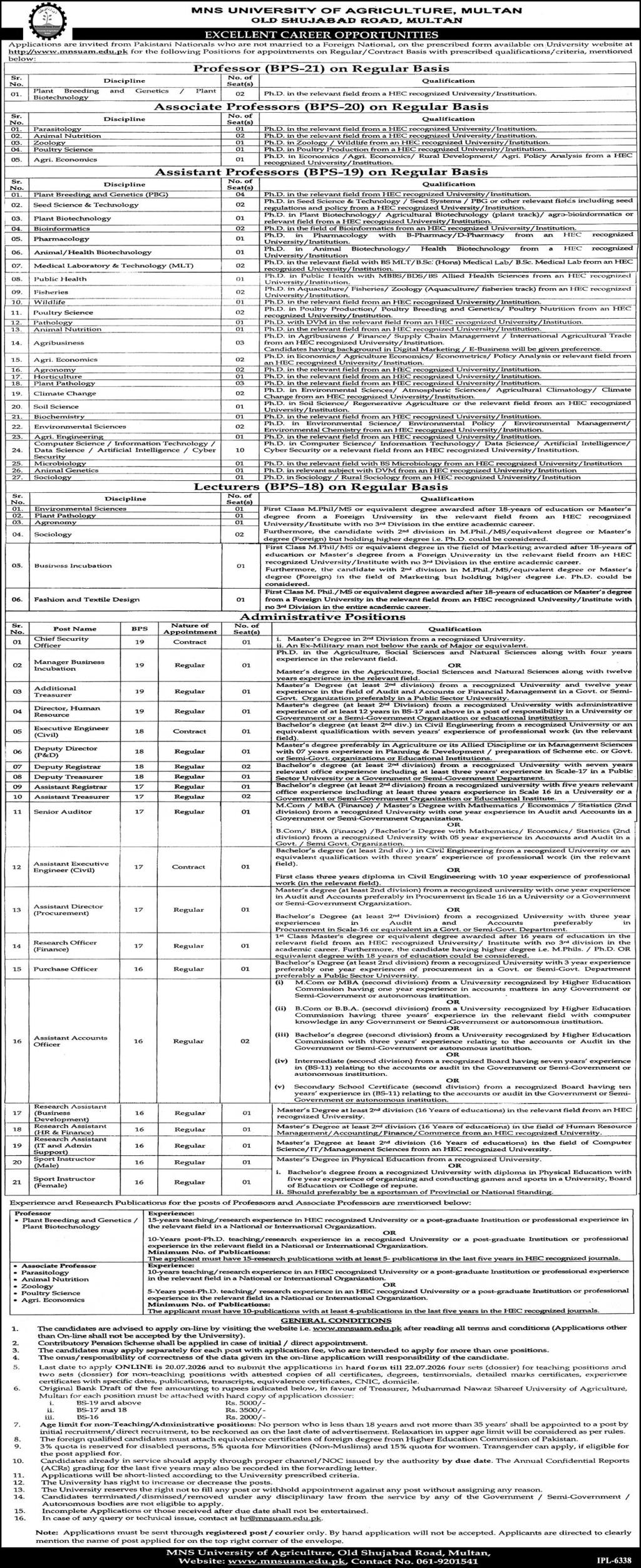 Professor Associate Professor Assistant Professor Lecturers and Administrative Staff MNS University of Agriculture Multan - Multan
