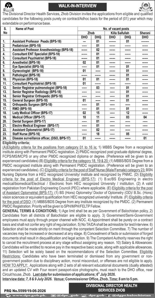 Walk In Interview for Assistant Professors Consultants Specialists Medical Officers and Staff Nurses Health Services Zhob Division Balochistan - Killa Saifullah