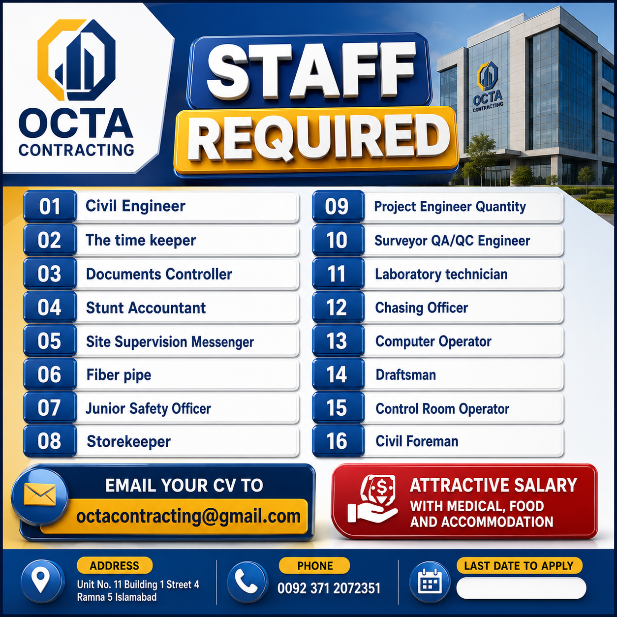 Civil Engineer Document Controller Accountant Site Supervisor Safety Officer Quantity Surveyor QA QC Engineer Surveyor Computer Operator Purchasing Officer Draftsman Octa Contracting Islamabad - Islamabad