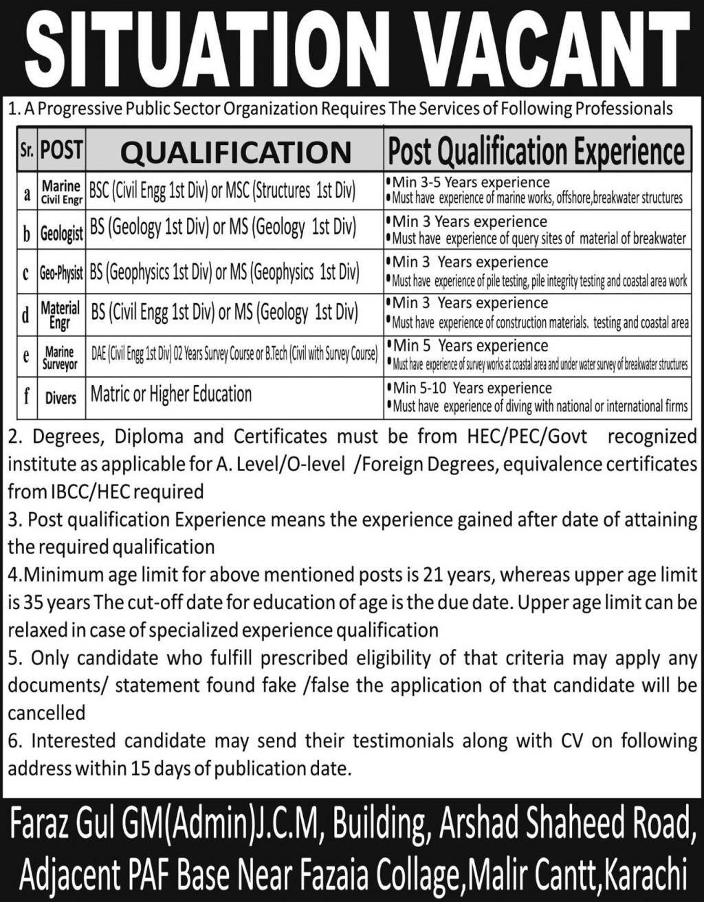 Marine Civil Engineer Geologist Geo Physicist Material Engineer Marine Surveyor Divers Progressive Public Sector Organization Karachi - Karachi