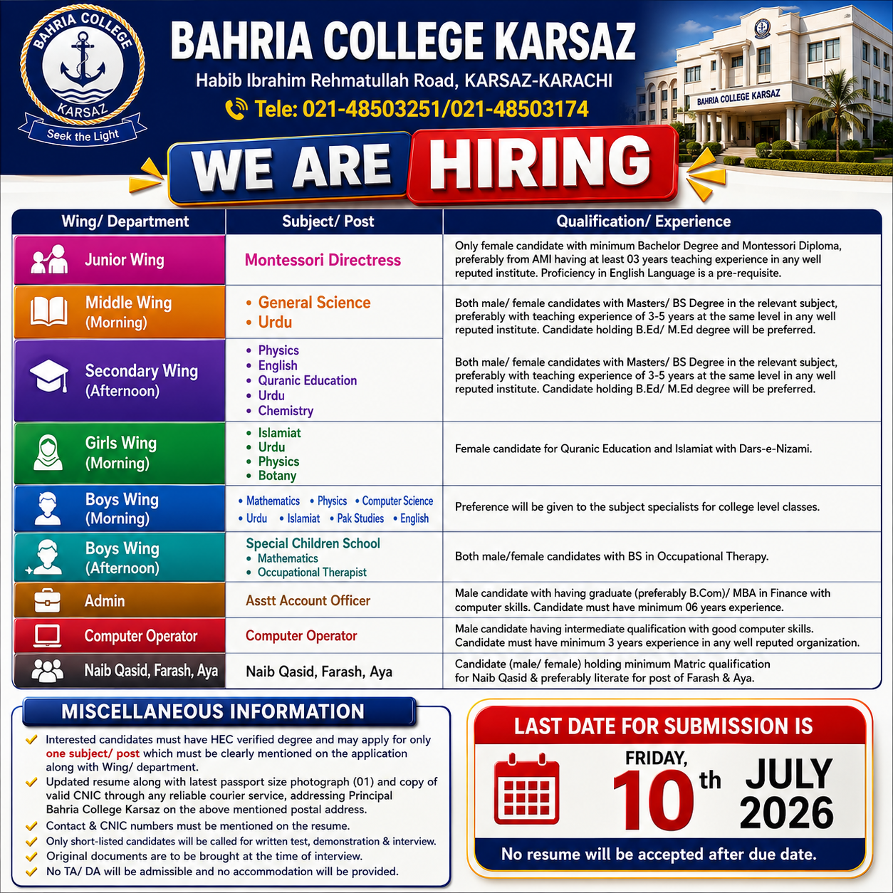 Montessori Directress Teachers Occupational Therapist Assistant Account Officer Computer Operator Bahria College Karsaz Karachi - Karachi