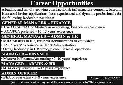 General Manager Finance General Manager Admin HR Manager Finance Manager Admin HR Admin Officer Construction Company Islamabad - Islamabad