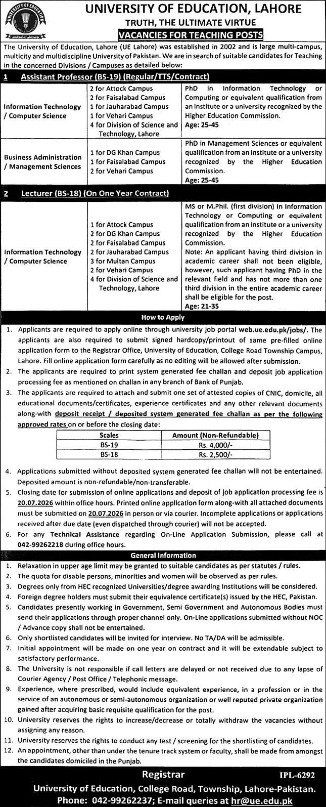 Assistant Professor Information Technology Computer Science Business Administration Lecturer University of Education Lahore - Lahore