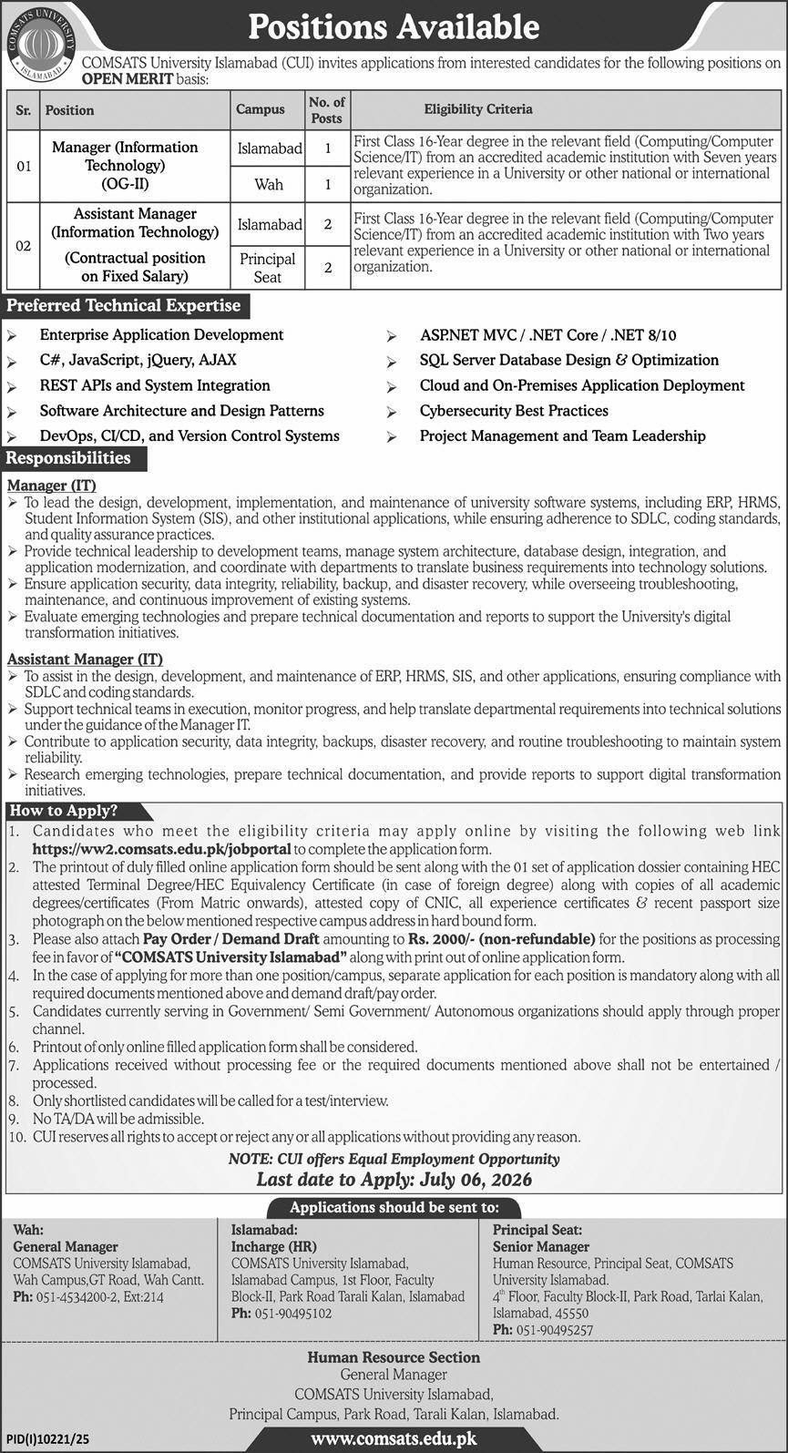 Manager and Assistant Manager Information Technology OG II COMSATS University Islamabad Wah Campus - Islamabad