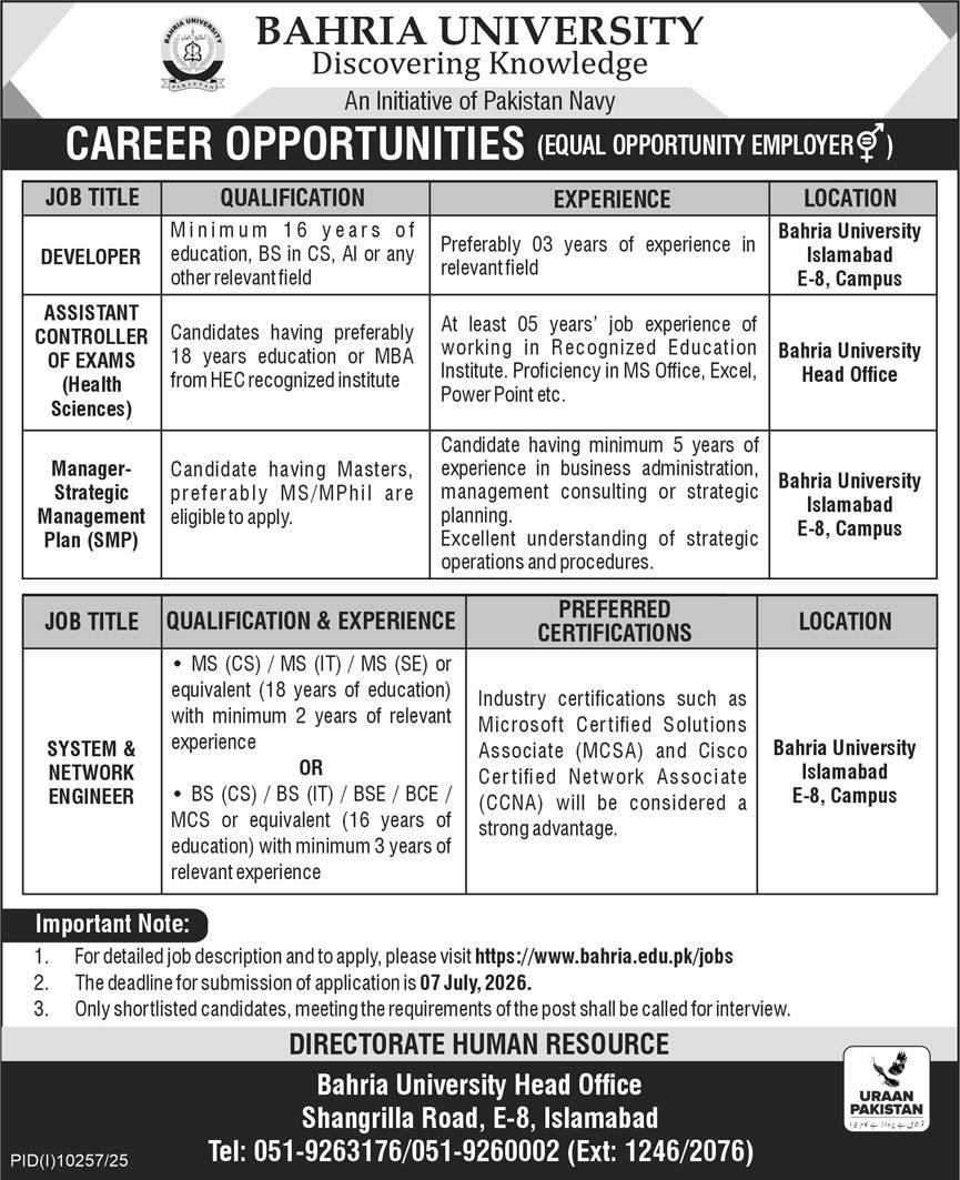 Developer Assistant Controller of Exams Manager Strategic Management Plan System Network Engineer Bahria University Islamabad - Islamabad