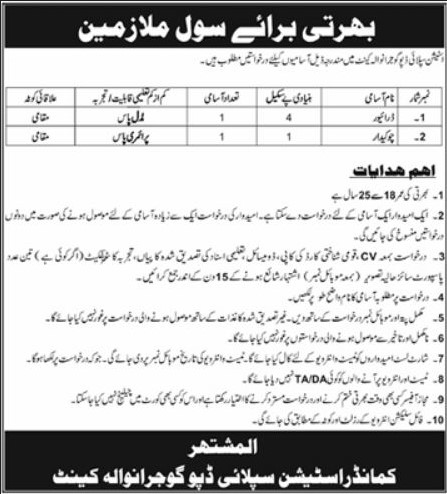 Civilian Staff Driver Chowkidar Station Supply Depot Gujranwala Cantt - Gujranwala