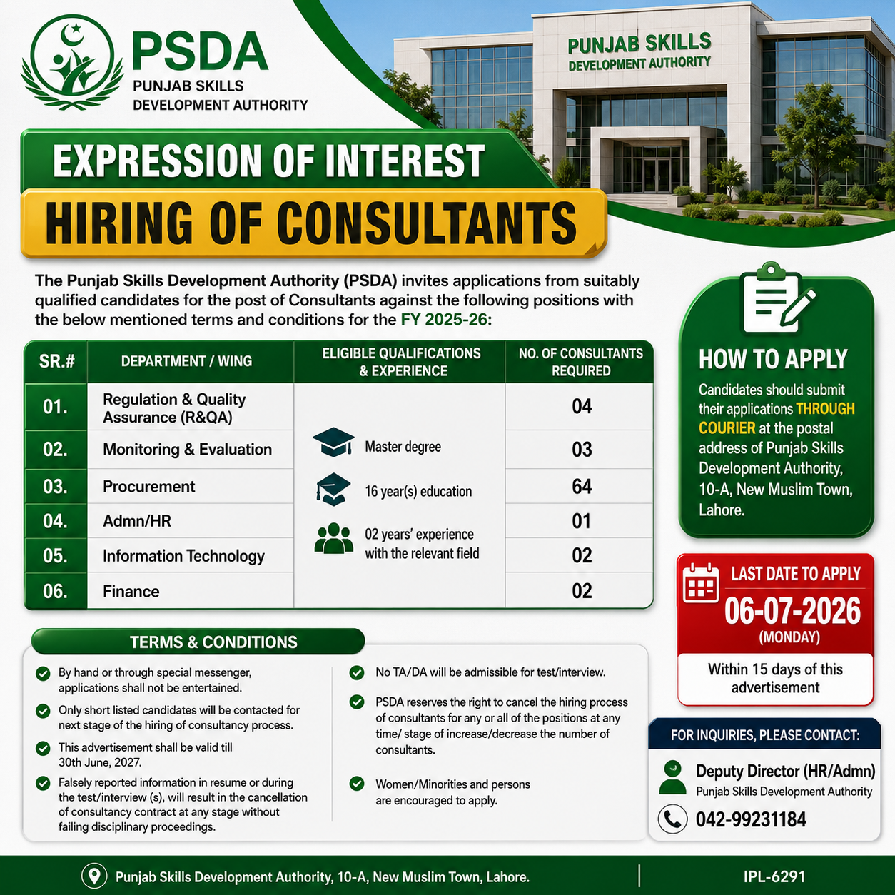 Consultants Regulation Quality Assurance Monitoring Evaluation Procurement Admin HR Information Technology Finance Punjab Skills Development Authority PSDA Lahore - Lahore