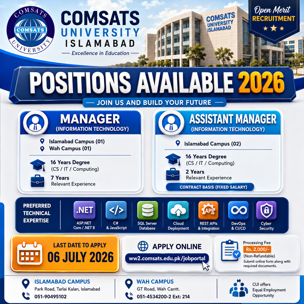 Manager and Assistant Manager Information Technology OG II COMSATS University Islamabad Wah Campus - Islamabad
