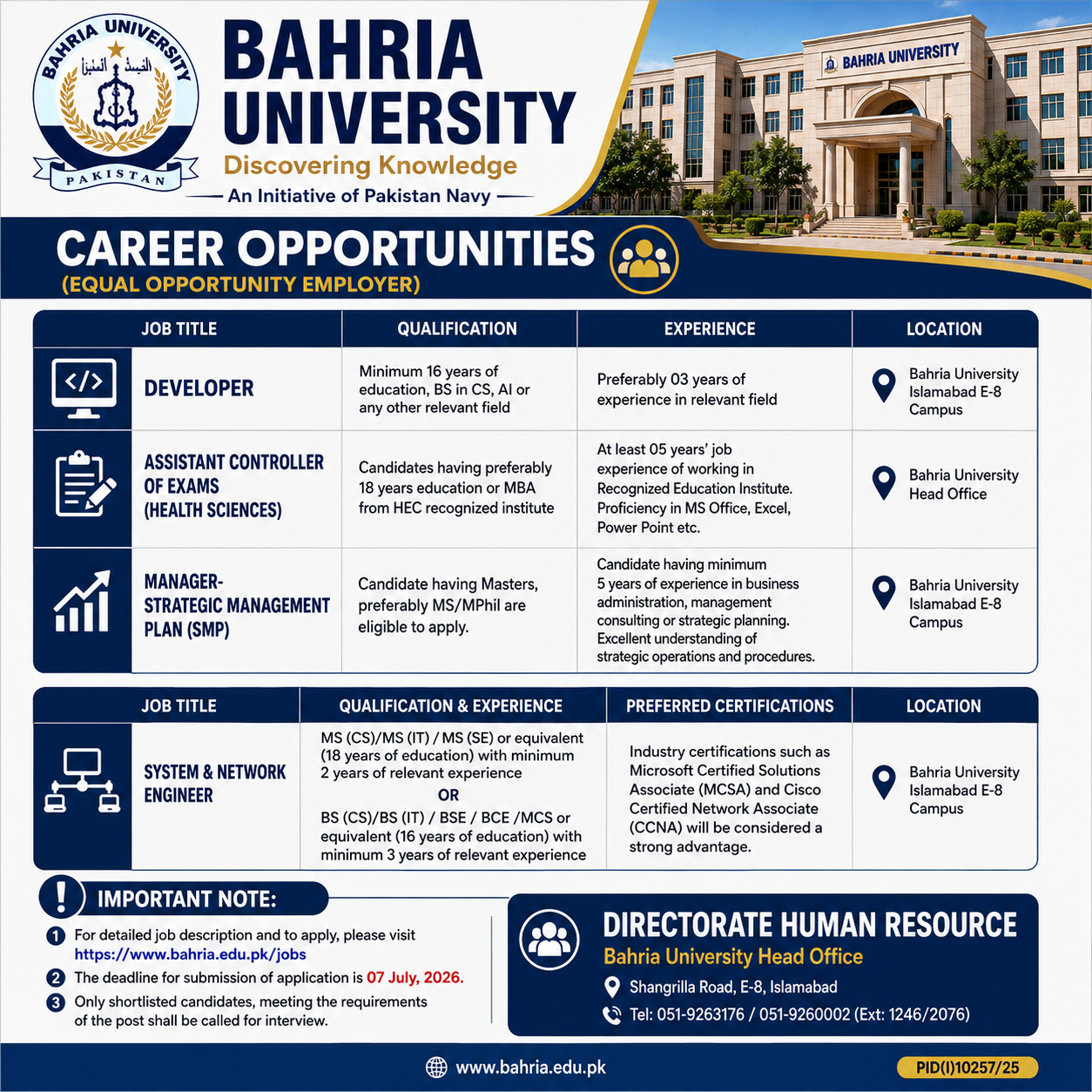 Developer Assistant Controller of Exams Manager Strategic Management Plan System Network Engineer Bahria University Islamabad - Islamabad