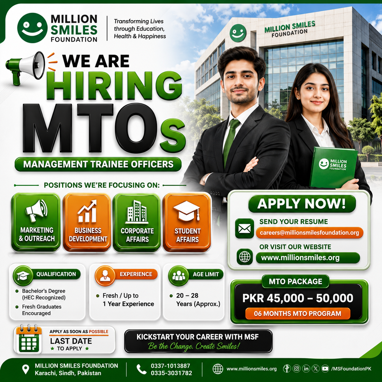 Management Trainee Officers MTOs Million Smiles Foundation Karachi - Karachi