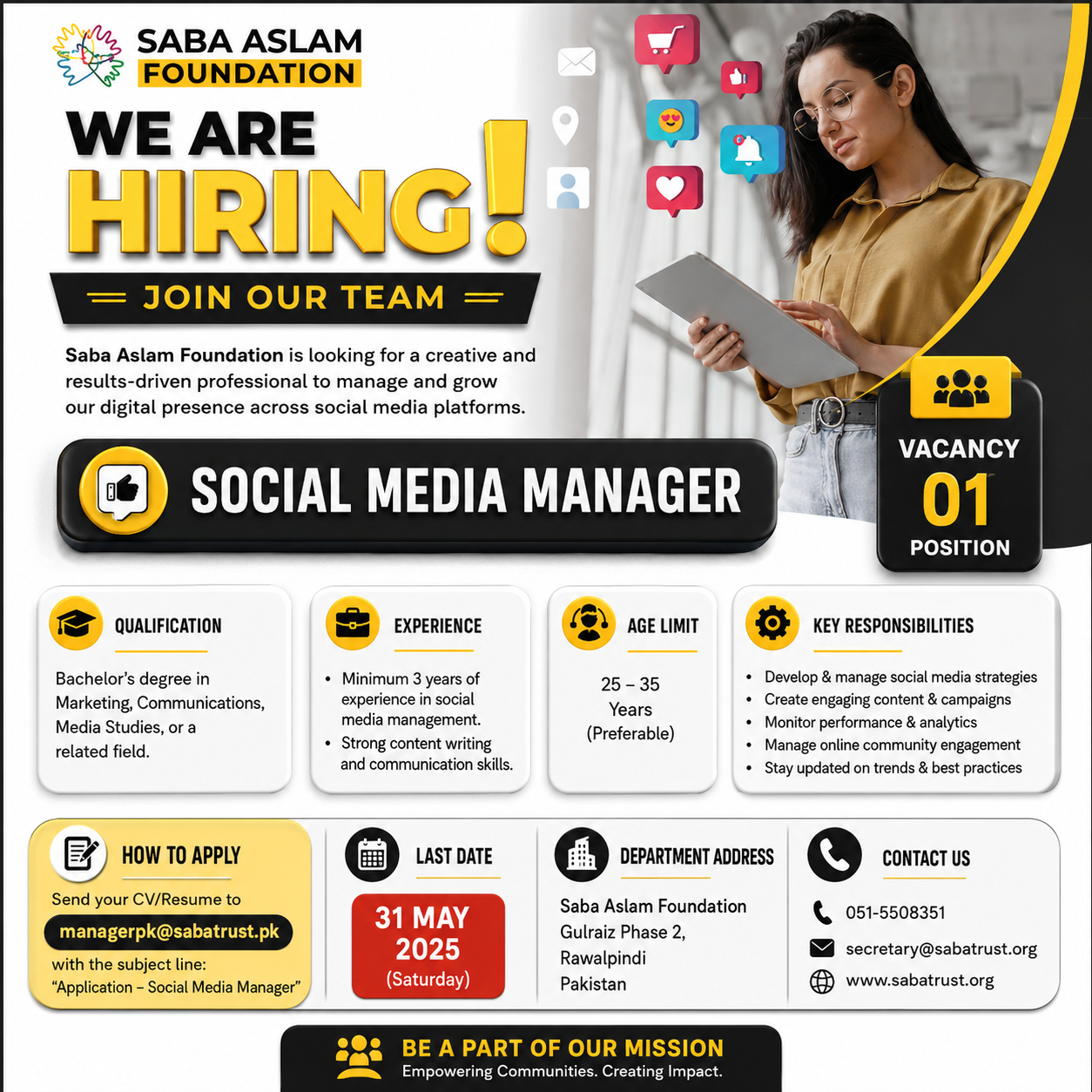 Social Media Manager Saba Aslam Foundation Rawalpindi - Rawalpindi