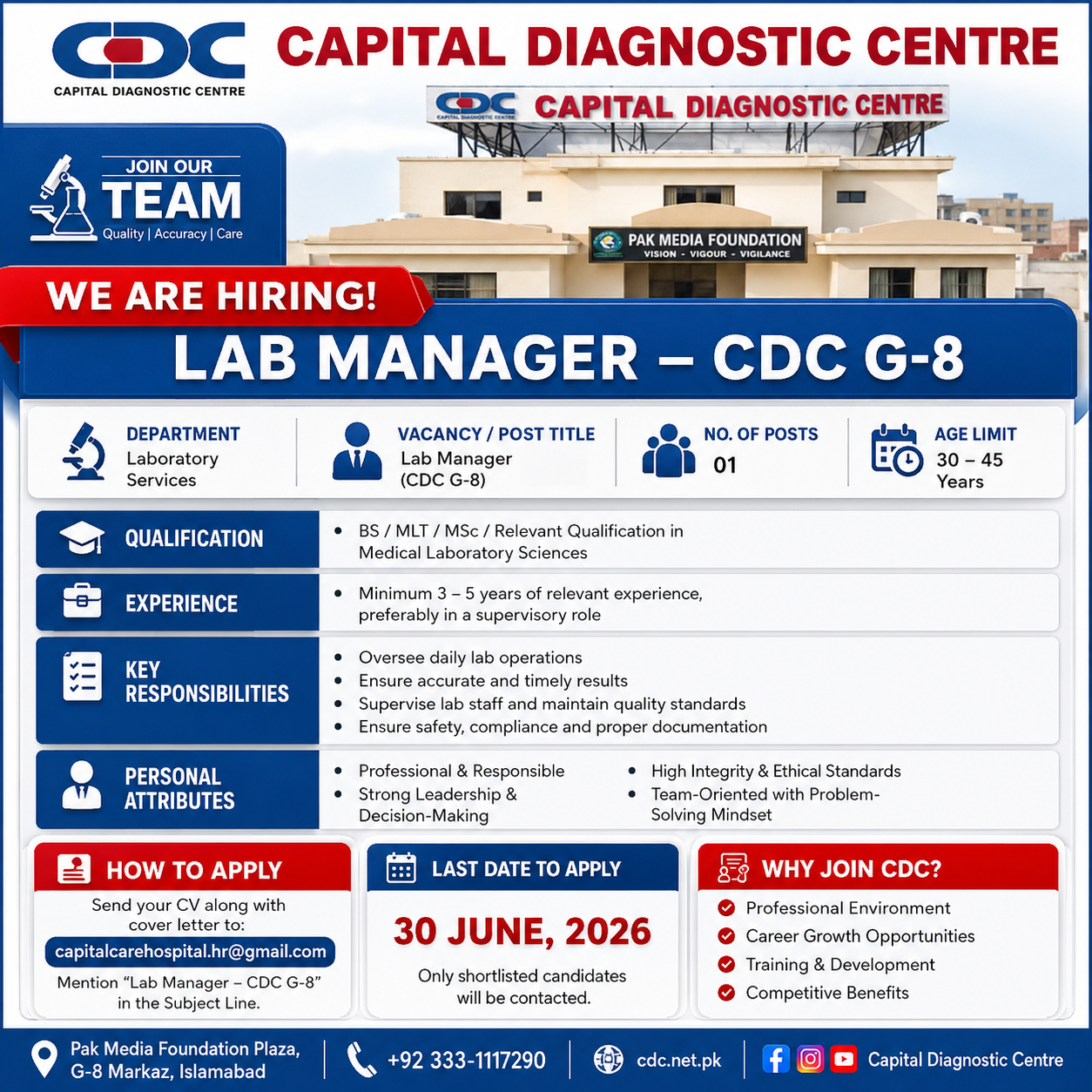 Lab Manager CDC G-8 Capital Diagnostic Centre Islamabad - Islamabad
