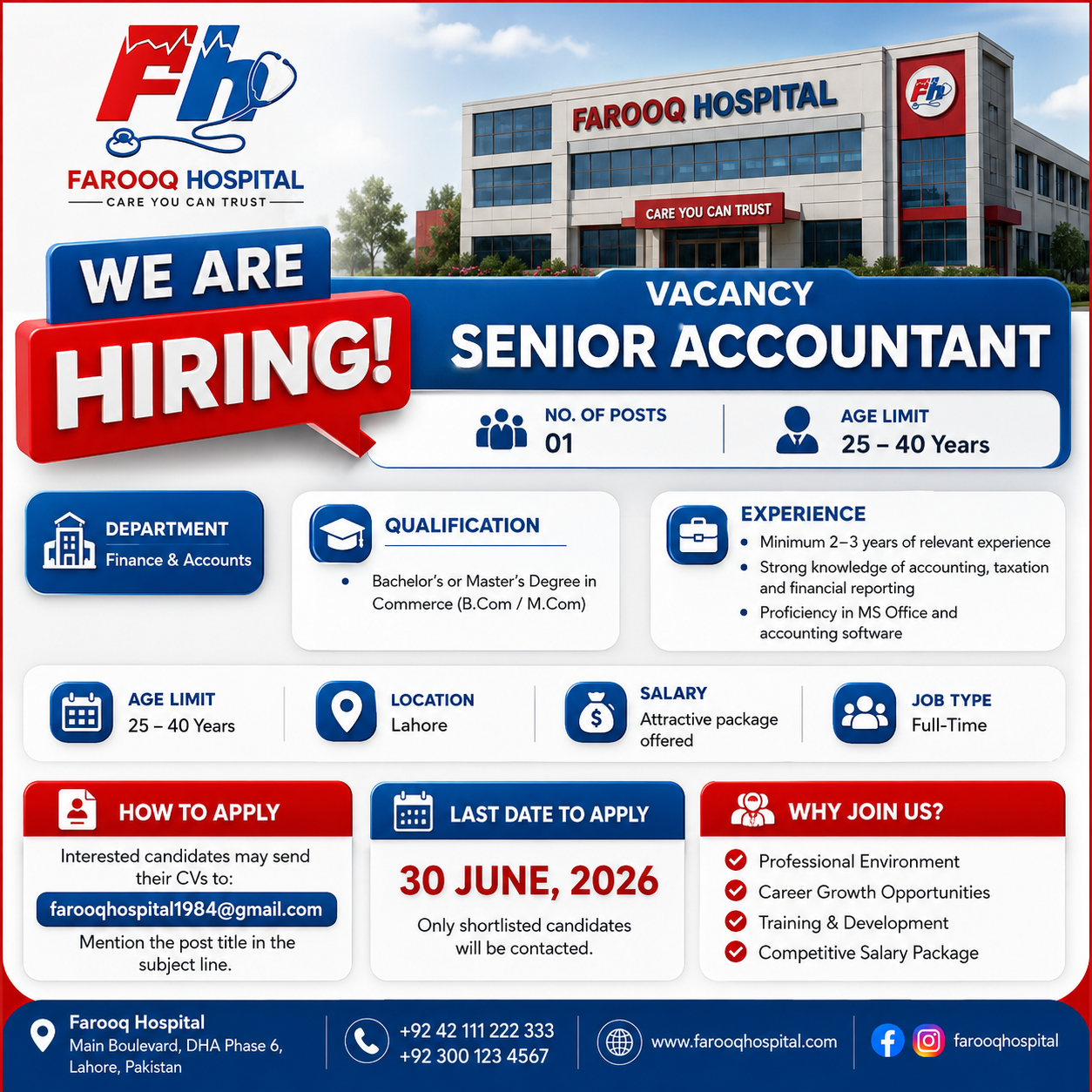 Senior Accountant Finance and Accounts Farooq Hospital Lahore - Lahore
