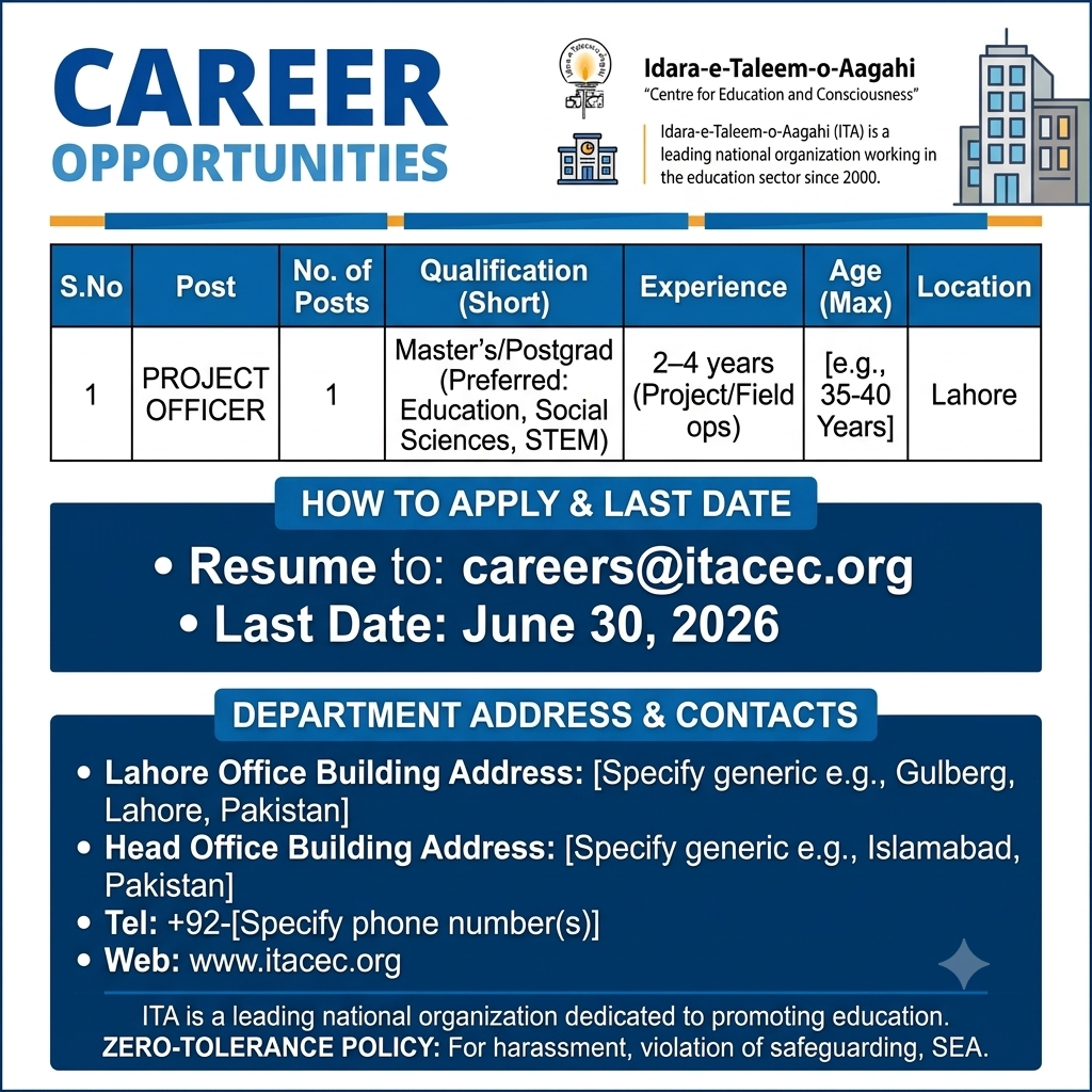 Project Officer Idara-e-Taleem-o-Aagahi Lahore - Lahore