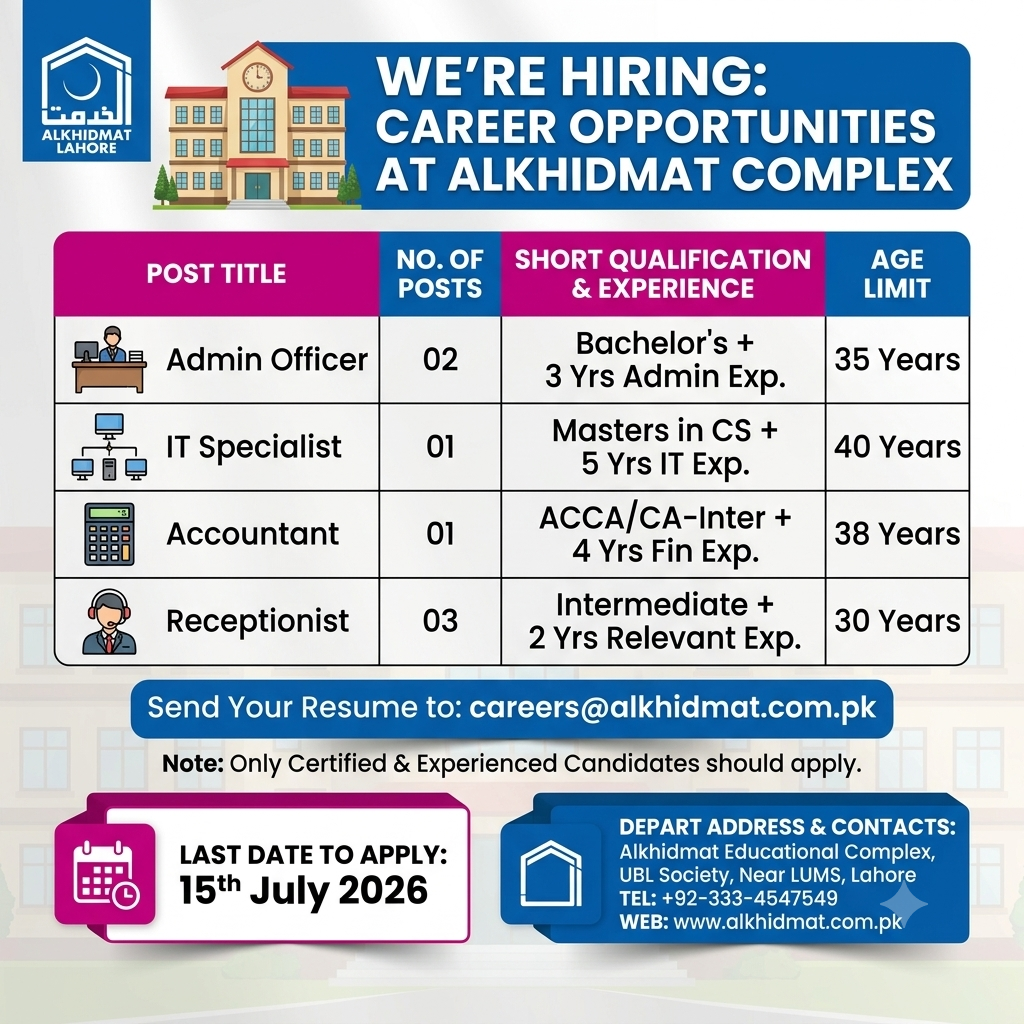 Admin Officer IT Specialist Accountant Receptionist Alkhidmat Lahore - Lahore