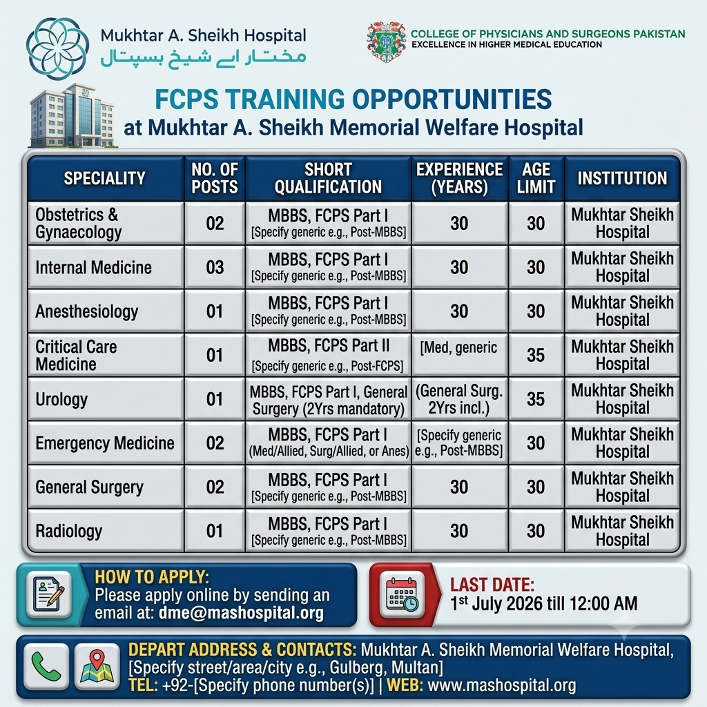 FCPS Training Opportunities Medical Specialty Mukhtar A Sheikh Hospital Multan - Multan