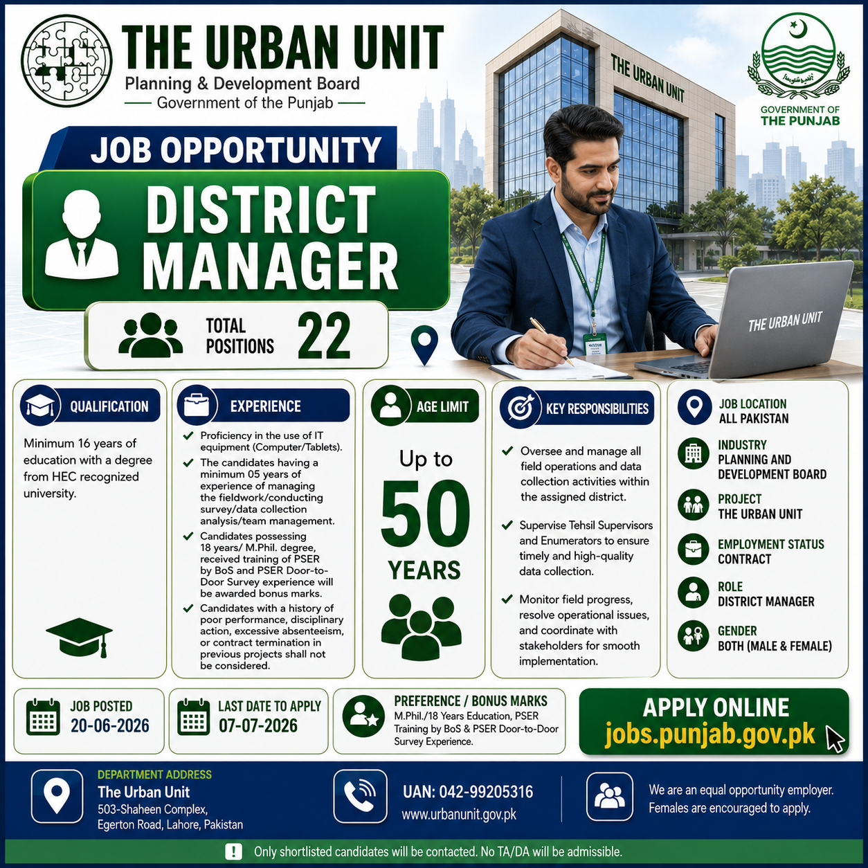 District Manager The Urban Unit Planning Development Board Punjab - Lahore
