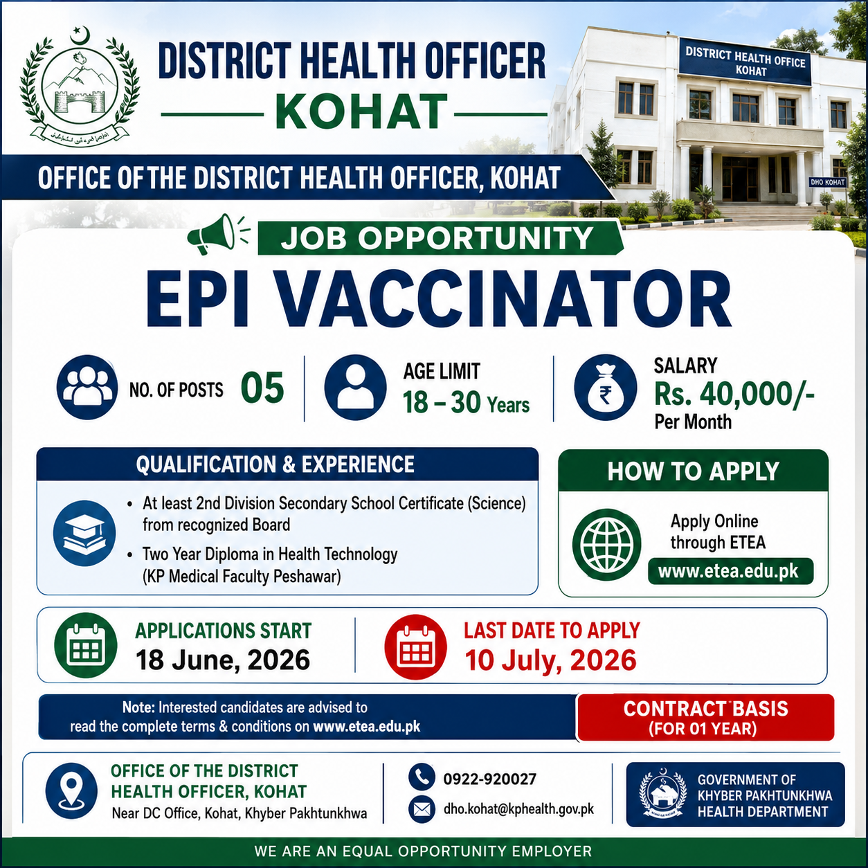 EPI Vaccinator Office of the District Health Officer District Kohat - Kohat