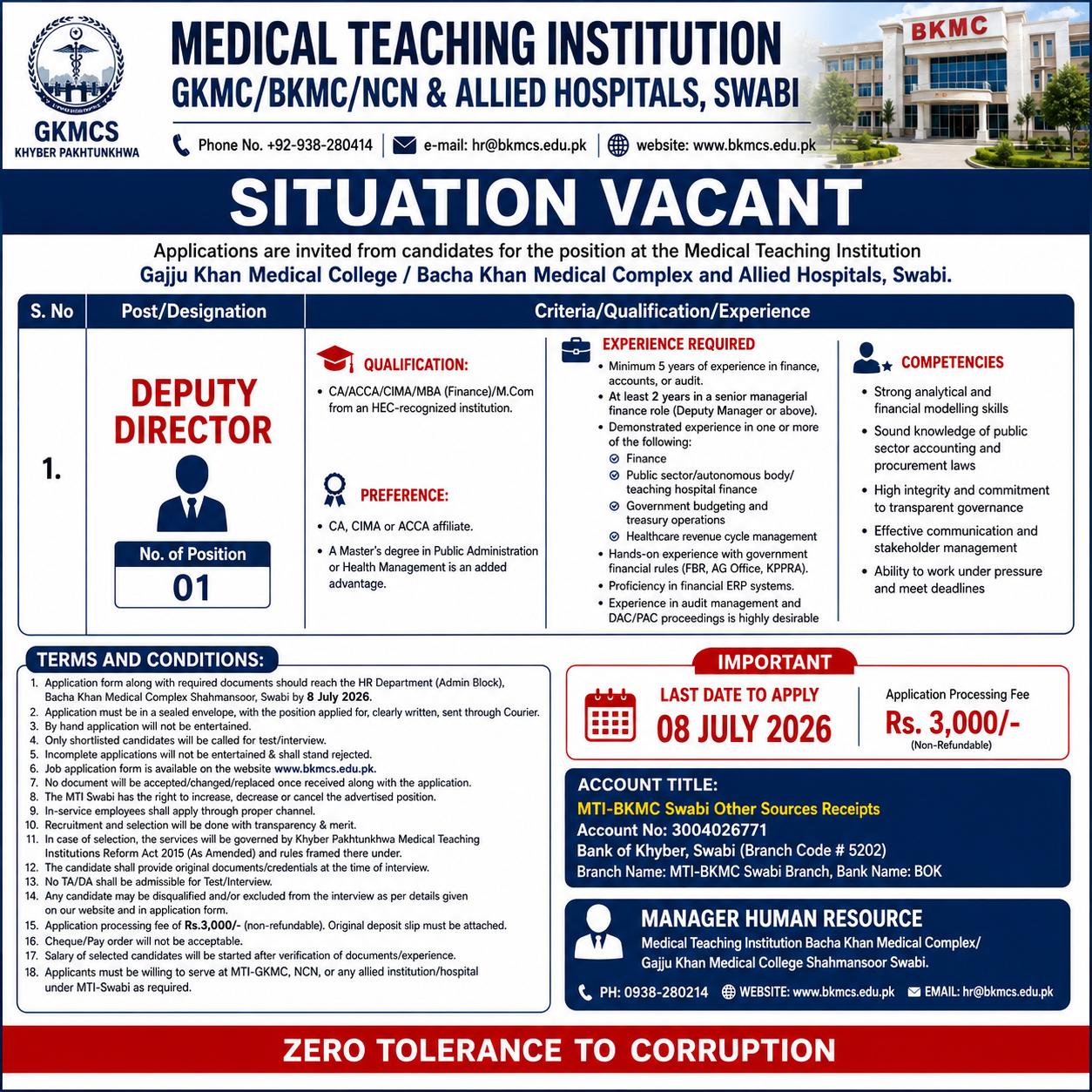 Deputy Director Finance Medical Teaching Institution Swabi - Swabi