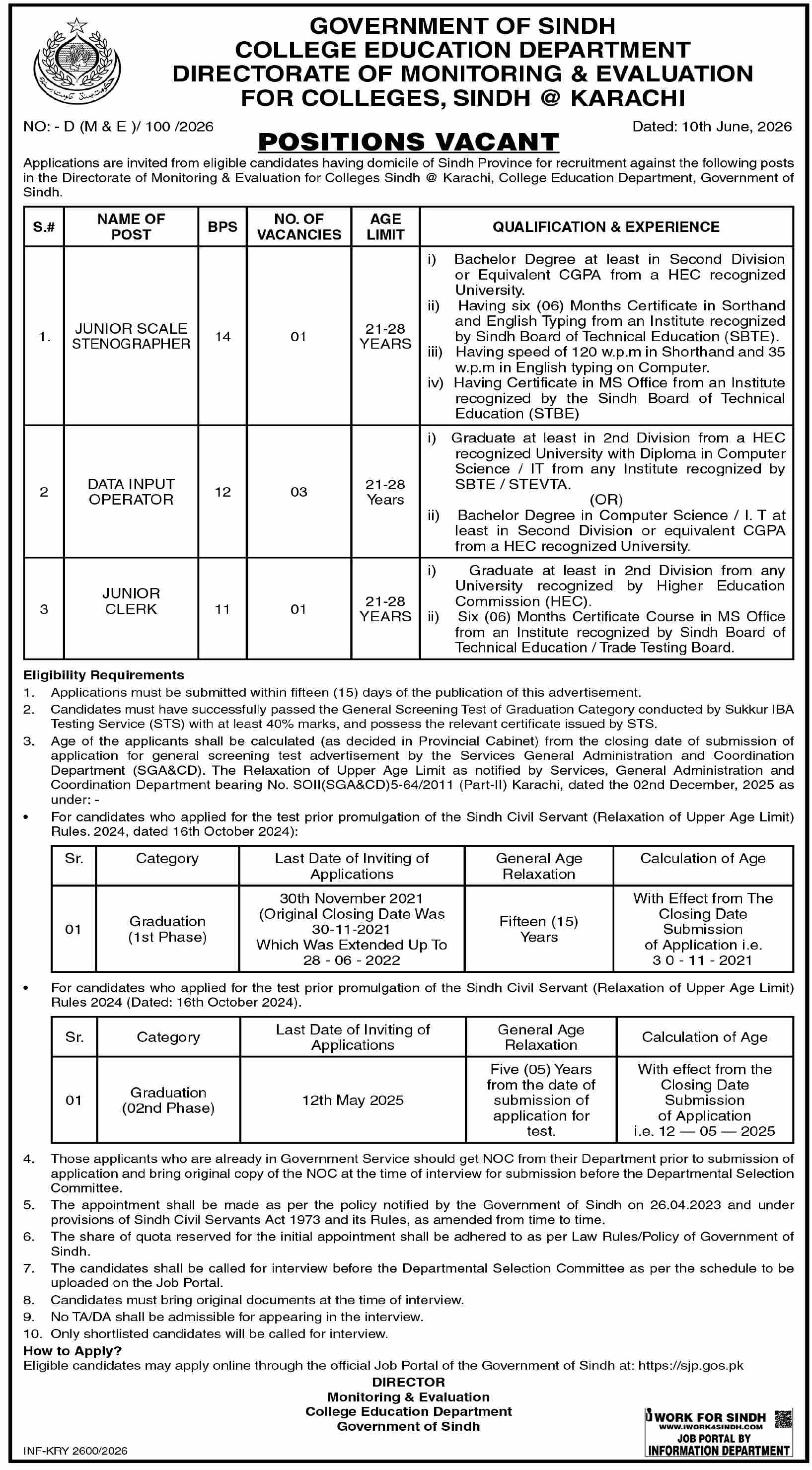 Junior Scale Stenographer Data Input Operator Junior Clerk College Education Department Karachi - Karachi