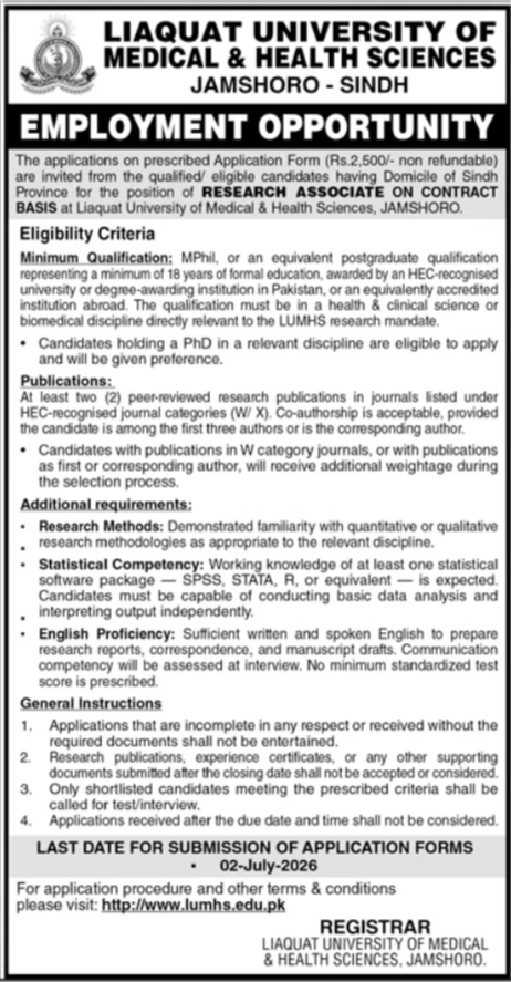Research Associate Liaquat University of Medical Health Sciences Jamshoro - Jamshoro